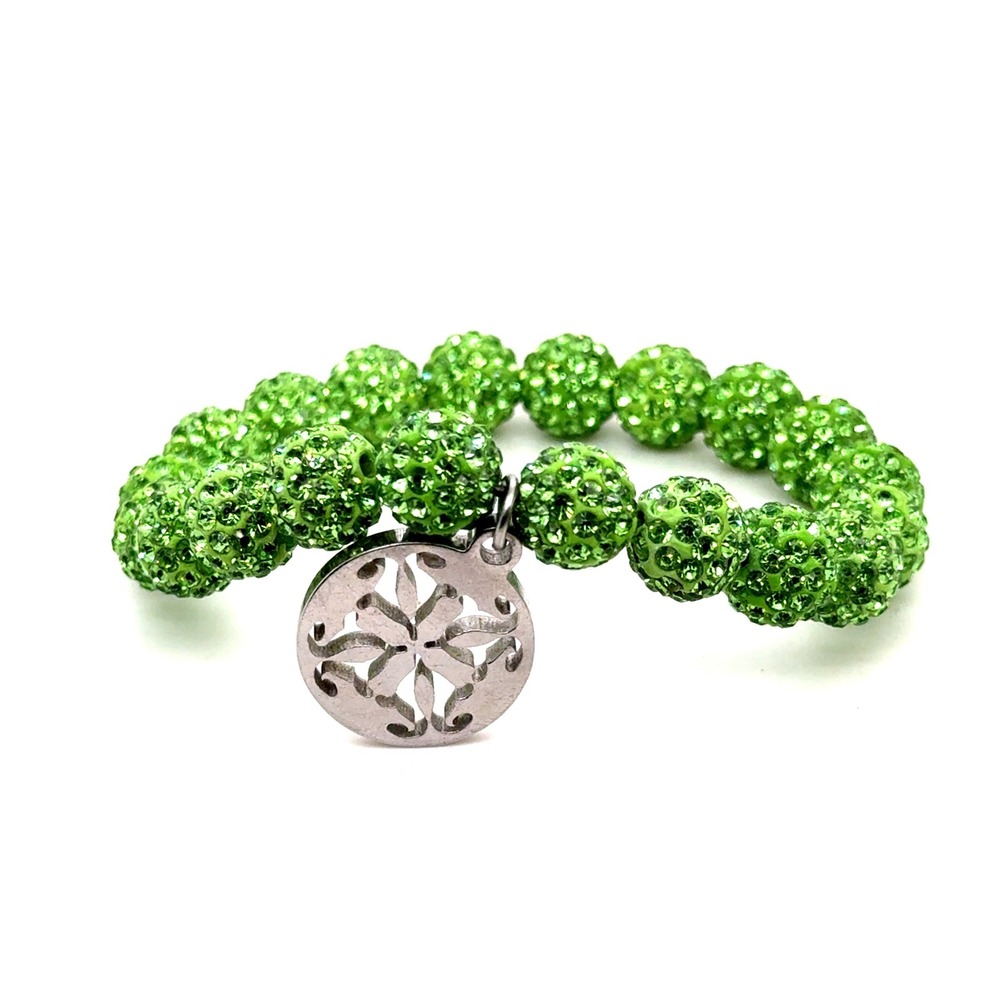 Rustic Cuff Green Crystal Disco Ball Bead Stretch Bracelet with Logo Charm